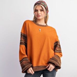Easel Orange Knit Sweater with Patterned Sleeves